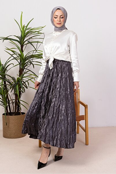 Bestenur Elastic Waist Skirt with Stones 1401 - Anthracite