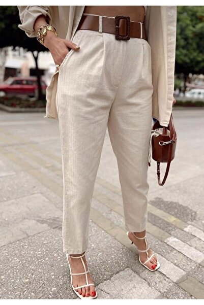 MODA SKINNY BEL LASTİKLİ KEMERLİ HAVUÇ MODEL GABARDİN TAŞ RENGİ-BEJ PANTOLON