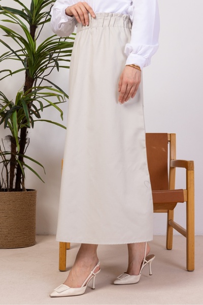 Bestenur Cream Colored Benja Elastic Waist Gabardine Skirt 1405