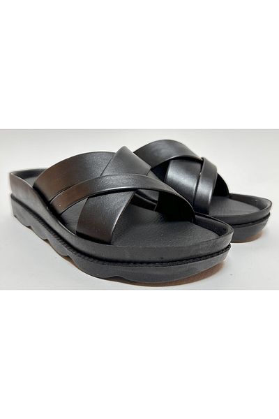 Voga Black Leather Look, Thick Cross Straps, Lightweight and Comfortable Women's Daily Home Guests and Street Slippers