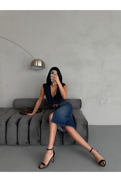 Zeo Basic FUSTA JEAN DE LUNGIME MIDI CU FATA