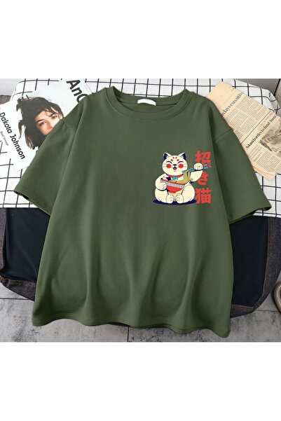 Minga London Μπλουζάκι Khaki Lucky Cat Oversize - Mingalondon