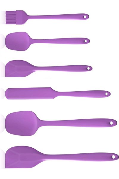 Tilbe Home 6-Piece Silicone Serving Set Fireproof Non-Stick Spoon Knife Spatula Brush Purple Colored Kitchen Spoon Set