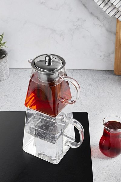 Tilbe Home 1450ml Square Design Borasilicate Glass Teapot Set - Steel Filter Heat Resistant Teapot
