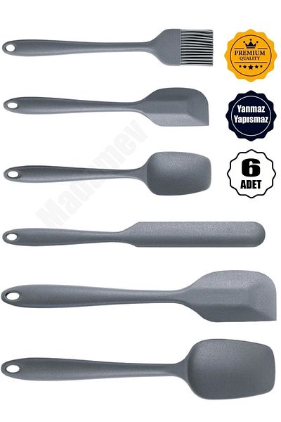 Tilbe Home 6-Piece Silicone Serving Set Fireproof Non-Stick Spoon Knife Spatula Brush Gray Colored Kitchen Spoon Set