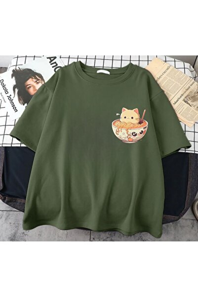 Minga London Μπλουζάκι Khaki Spaghetti Cat με στάμπα μπροστά/πίσω Oversize -Mingalondon