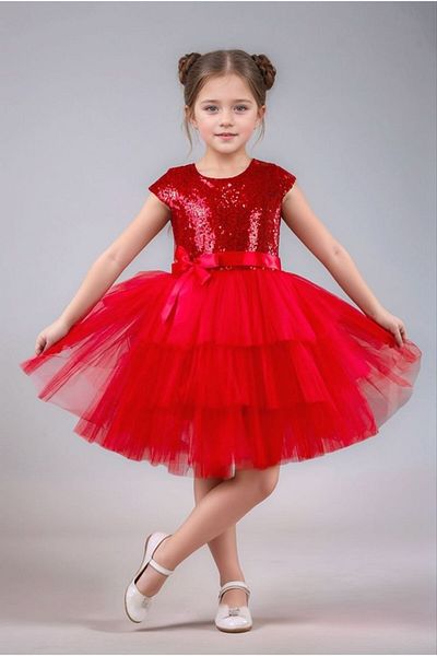 ABİYEKİDS Red Sequined Catwalk - Children's Evening Dress and Show Party Dress