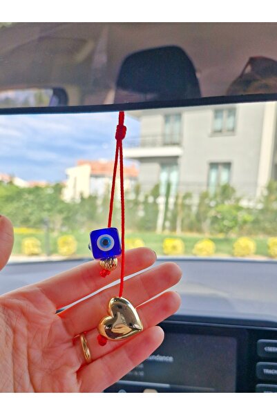 ONEPRETTYWISH Nazar ve Kalp Detaylı Kırmızı İpli Dikiz Aynası Aksesuar Süsü