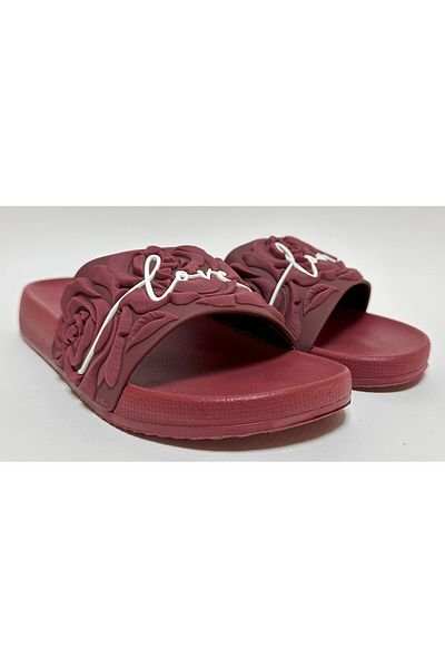 GEZER Non-Slip Eva Self-Raised Rose Patterned Bordo Daily Women's Home Street and Wet Floor Slippers