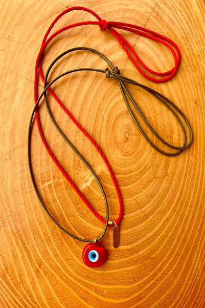 Shepidi 2'li kırmızı cam boncuk kahverengi ipli kaydırmalı kilit örgü kolye