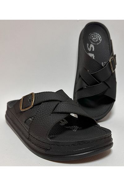 Serra Black Thick Heel Comfortable and Light Cross Strap Adjustable Buckle Men's Daily Street Slippers