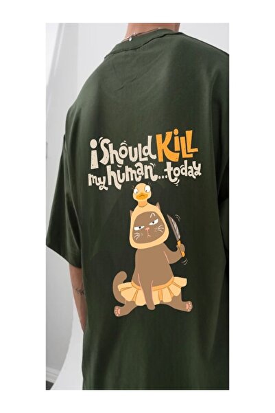 Minga London Μπλουζάκι Khaki Kill Cat με στάμπα μπροστά/πίσω Oversize -Mingalondon