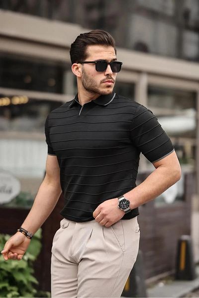 pepule Embossed Collar Detailed Knitwear Polo Collar Men's T-Shirt