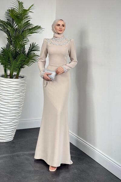 Şulemoda Giyim فستان سهرة بأكمام بلوم وحجر ورقبة