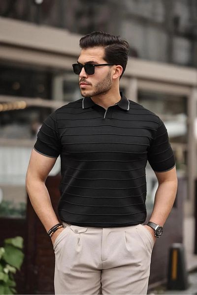 pepule Embossed Collar Detailed Knitwear Polo Collar Men's T-Shirt
