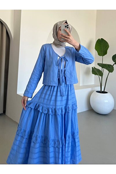 Modamorfo Синій комплект з спереду зав'язується на талії та спідницею з бахромою