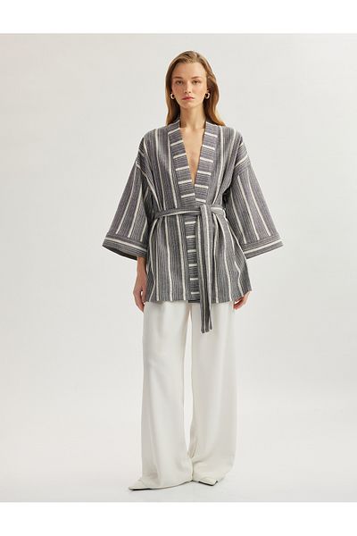 Koton Cotton Comfortable Fit Belted 3/4 Wide Sleeve Long Kimono