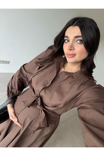 Bade Butik Кафява рокля-риза с вързана талия