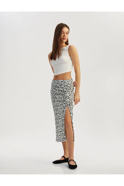 Koton High Waist Draped Slit Detailed Floral Midi Skirt Bürümük