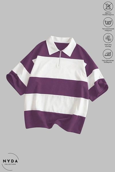 Nyda Collections Unisex Polo γιακά με μισό φερμουάρ ριγέ λευκό μπλουζάκι με κοντό μανίκι από βαμβακερό oversize