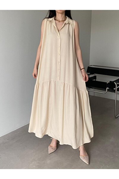Bade Butik Beige Zero Sleeve Shirt Dress