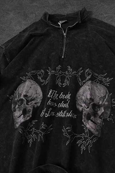 Slatra Men's Anthracite Still Alive Special Washed Fabric Oversize Tshirt