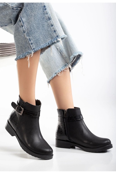 Genel Markalar 165-204/1 Siyaha Kroko Toka Aksesuarlı Fermuarlı Günlük Kadın Bot