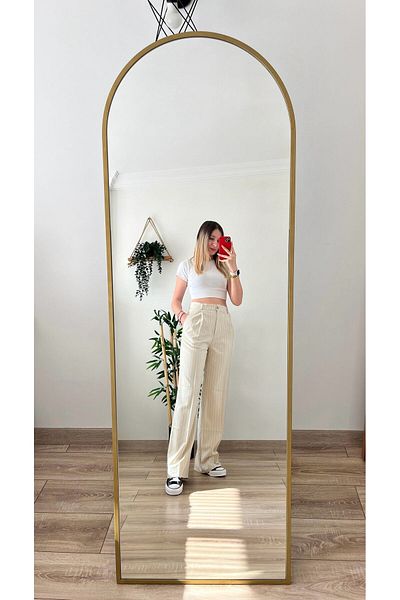 Tutals Women's Beige Color Striped Lycra Flowy High Waist Wide Leg Comfortable Fit Palazzo Fabric Trousers