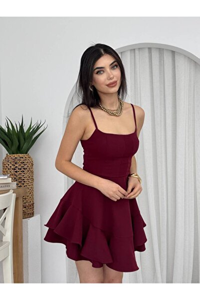 ETİKAFASHION ASKILI VOLANLI ETEĞİ BELDEN AÇILAN FIRFIRLI MİNİ ELBİSE