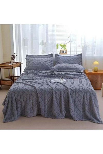 Comfy SOFT & FLUFFY 3PCS BLANKET SET KINGSIZE, 1 BLANKET & 2 PC PILLOW COVER - GREY