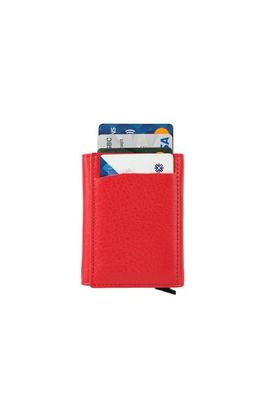 Bagacar Zippered Genuine Leather Mechanism Card Holder Wallet with Red Coin Compartment