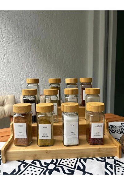 Berdina Home Set of 24 Glass Square Form Spice Jars with Stand, Bamboo Lid and Labels, Spice Jars with Sprinkler Heads Se