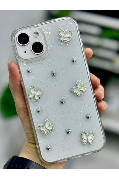 Go Aksesuar Flexible Silicone Case with Pearl Butterfly Toy Design Compatible with iPhone 13 - 14 and 15