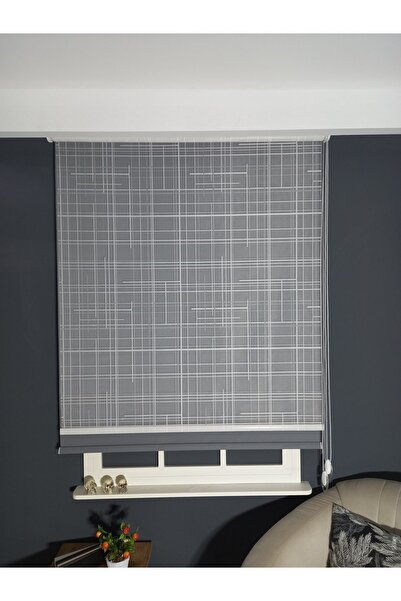 Emir Home Kare Desenli Antrasit Gri Storlu Çift Mekanizmalı Tül Stor Perde