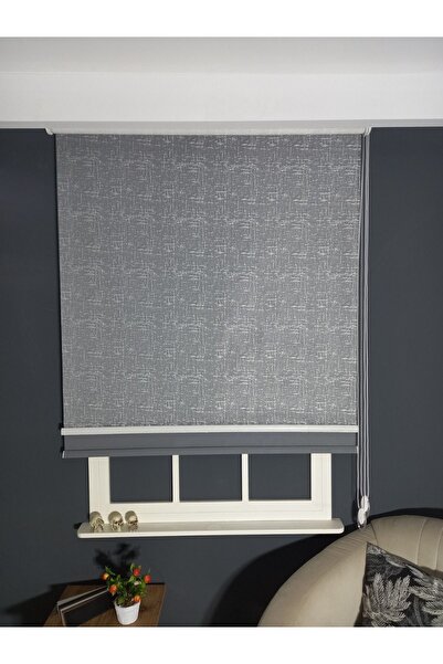 Emir Home Eskitme Desenli Antrasit Storlu Çift Mekanizmalı Tül Stor Perde