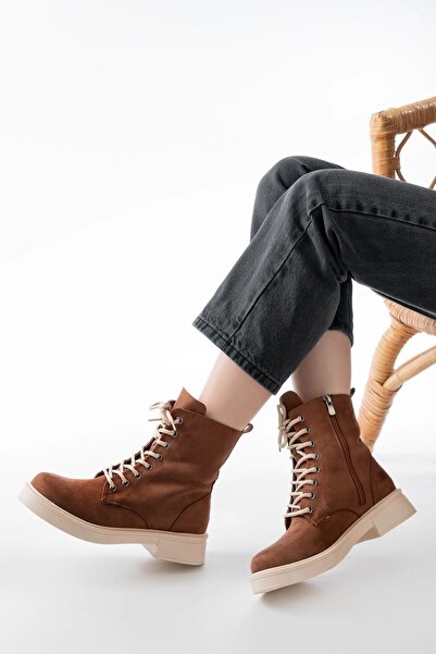 zenalook 02-356 Tan Suede Flat Heeled Lace up Zippered Daily Women's Boots
