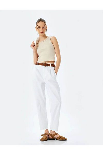 Koton Relaxed Cut Cotton Chino White Women's Jean Pants 5Sal40006Mw