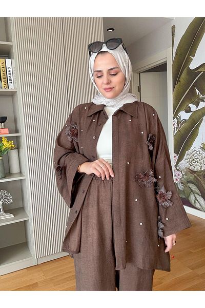 Aselim Hijap Moda Detailed Shirt Kit - Linen Stone, Lace and Bitter Coffee