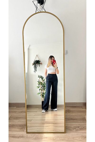 Tutals Women's Navy Blue Color Striped Lycra Flowy High Waist Wide Leg Comfortable Fit Palazzo Fabric Trousers