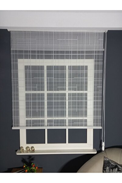 Emir Home Kare Desenli Gri Storlu Çift Mekanizmalı Tül Stor Perde Güneşlik