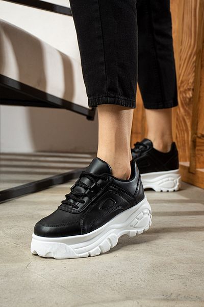 Nstil Pantofi sport de damă alb-negru - talpă înaltă și groasă, pantofi confortabil cu șireturi 001