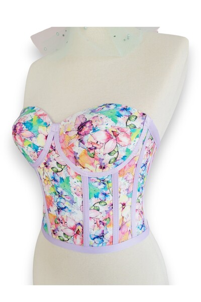 FİYPER Lila Çiçek Desenli Bağlamalı Korse Büstiyer