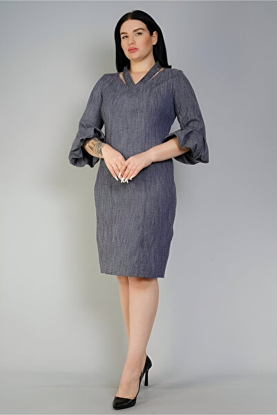 ModaMania فستان من قماش الدنيم ذو رقبة على شكل حرف V وأكمام بالون مقاس متوسط