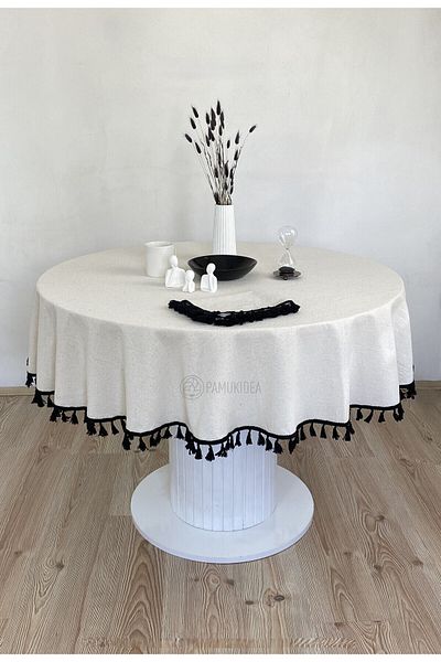 pamukidea Black Tasseled Washed Buldan Linen Pompom Plain Plain 100% Cotton Natural Beige Round Table Cloth