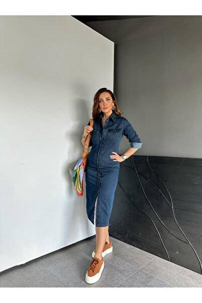 Zerrincan Giyim Lacivert Kapak Cepli Düğmeli Kot Elbise
