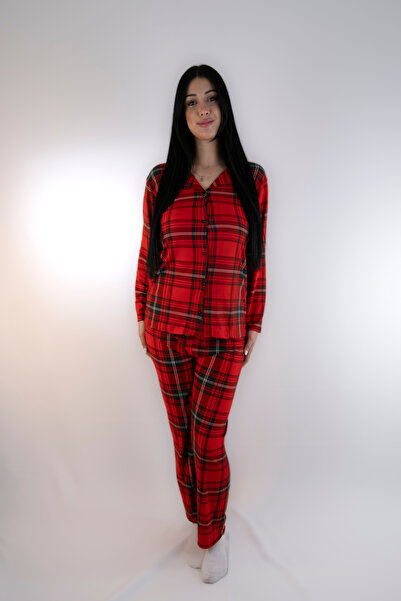 MODA Kadın Ekose Süet Düğmeli Pijama Takımı