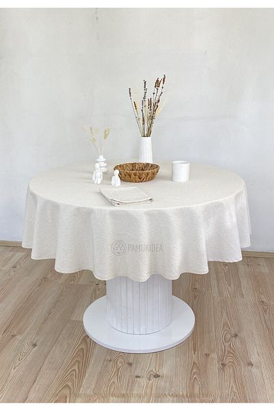 pamukidea Washed Buldan Linen Plain Plain 100% Cotton Natural Beige Round Table Cloth