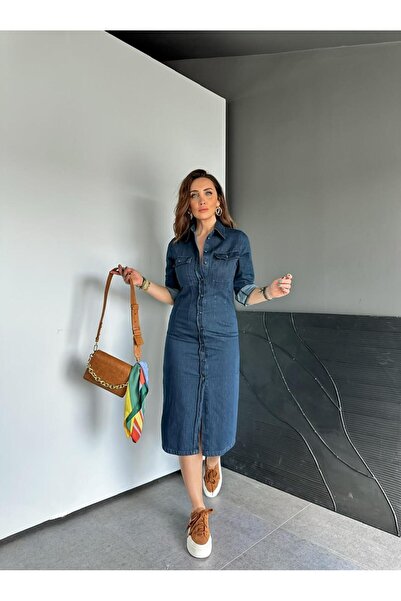 Zerrincan Giyim Lacivert Kapak Cepli Düğmeli Kot Elbise