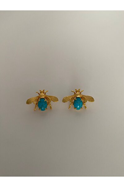 Arif KOÇ 22 ayar altın kaplama turkuaz doğal taşlı çelik arı küpe