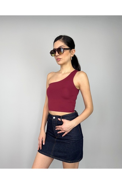 deqfashion Bordo Modal Tek Omuzlu Crop